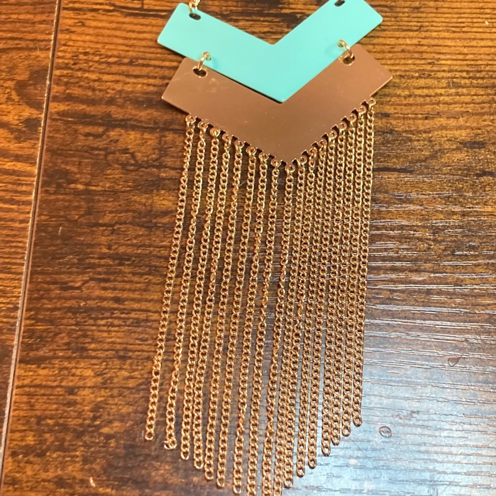Turquoise Chevron Geometric Fringe Statement Bib Necklace 32" Southwestern